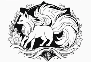 ninetails facing us, small and cute, it's in the center while the tails are surrounding the background tattoo idea