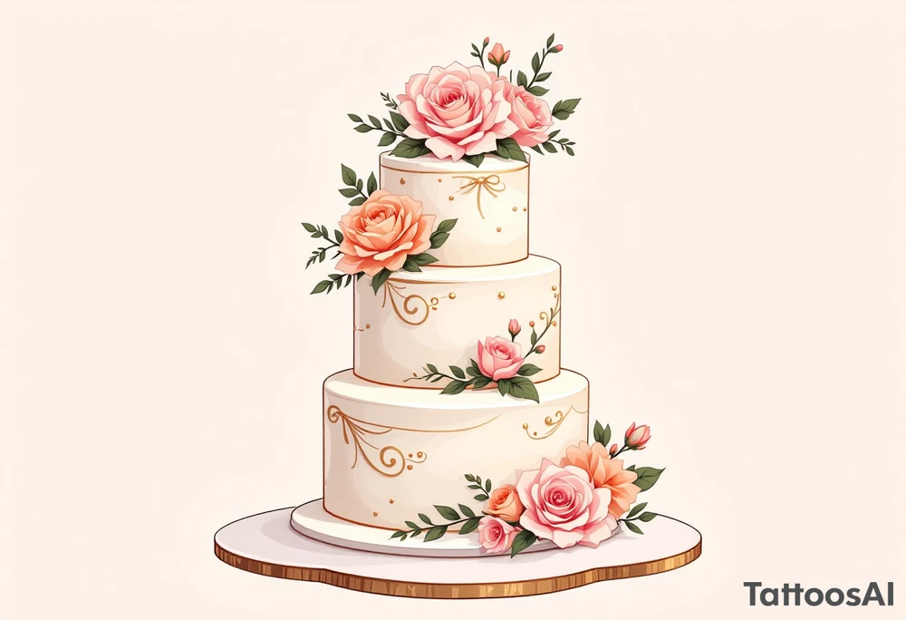 A vintage-style wedding cake with three tiers, adorned with floral accents (roses, hydrangeas), and topped with a small, delicate bow. Ivory cake with soft pink and peach flowers, gold accents, and a light cream ribbon. tattoo idea