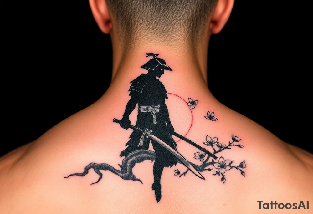noble samurai warrior silhouette at sunset with cherry blossoms tattoo idea