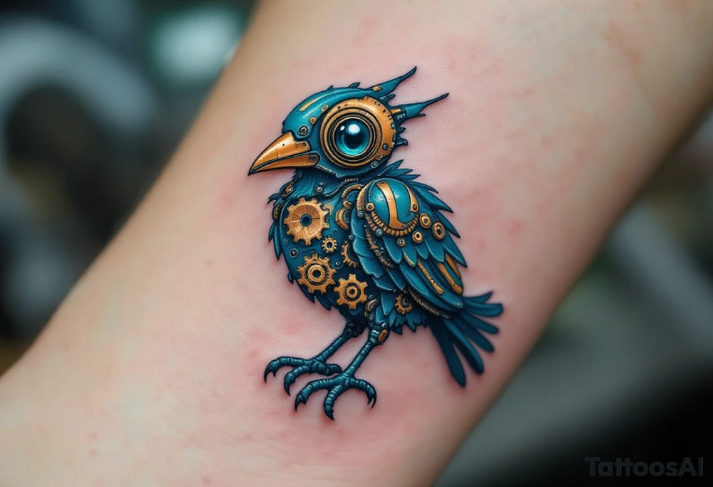 Tim Burton’s mechanical bird is rusted in bronze and deep teal, its gears exposed and eyes hollow with sorrow. tattoo idea
