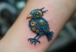 Tim Burton’s mechanical bird is rusted in bronze and deep teal, its gears exposed and eyes hollow with sorrow. tattoo idea