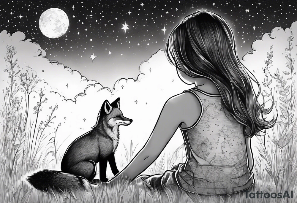 sitting from behind looking at the stars, a little girl and a fox sitting in the grass tattoo idea