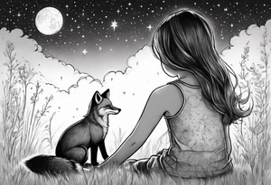 sitting from behind looking at the stars, a little girl and a fox sitting in the grass tattoo idea