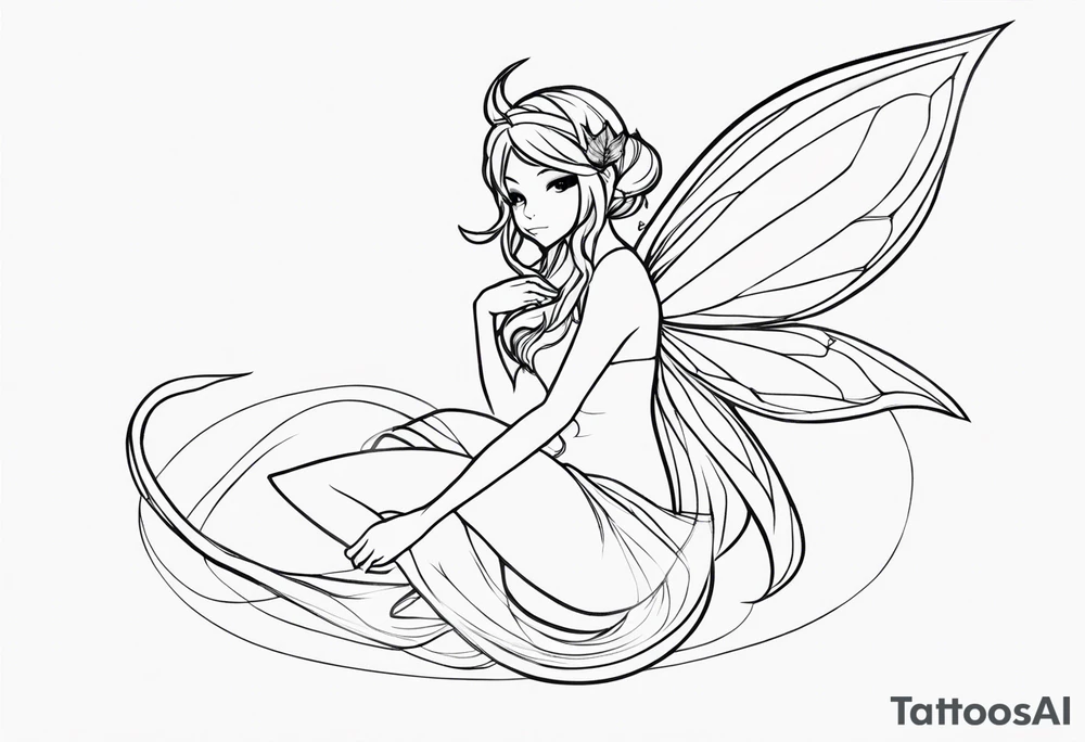 No color sketch of a fairy with a tail inspired by the guild symbol in the anime show called Fairy Tail in a fetal position leaning in and forward while crawled in hugging herself floating tattoo idea