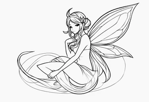 No color sketch of a fairy with a tail inspired by the guild symbol in the anime show called Fairy Tail in a fetal position leaning in and forward while crawled in hugging herself floating tattoo idea