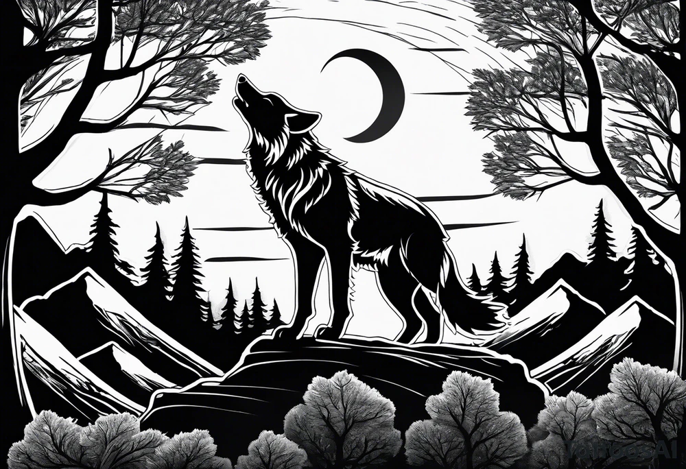 A wolf howling at the full moon on top of a rock surrounded by trees tattoo idea