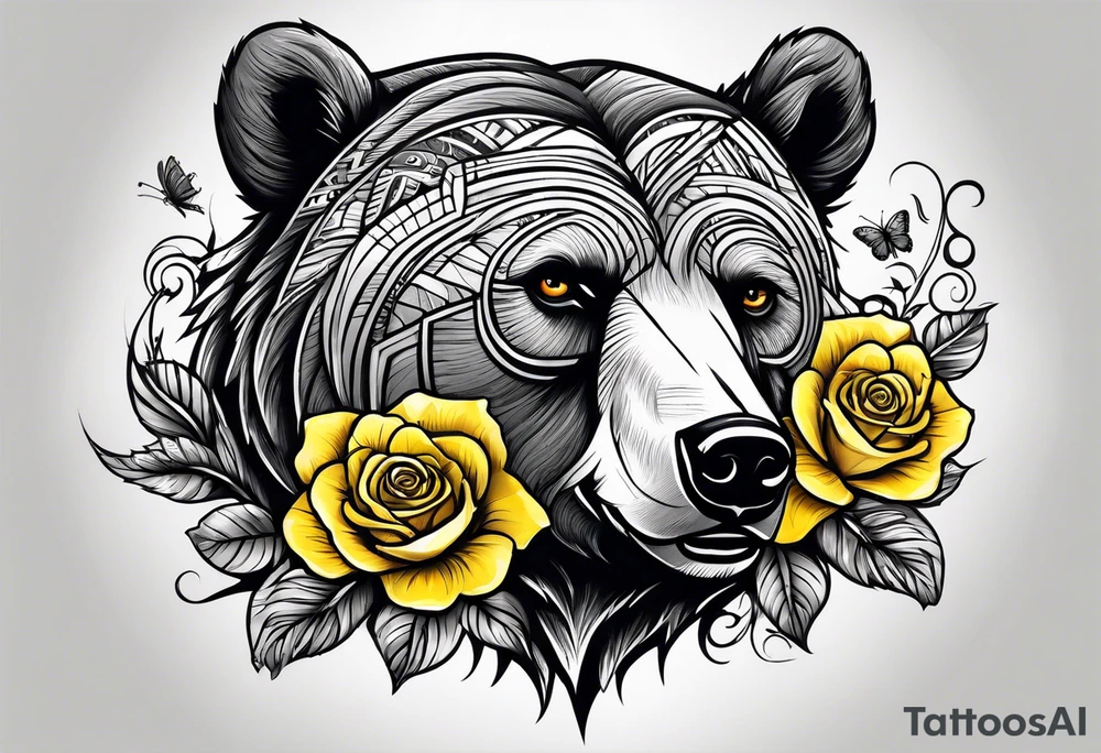 A tribal bear on top of a butterfly and yellow rose tattoo idea