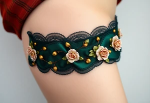 A Renaissance-style garter tattoo with dark forest green velvet, with baroque-inspired gold accents and tiny intricate roses tattoo idea