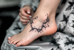 A minimal dotwork design with white ink Sagittarius stars constellation in a circle of smoky gray shading. tattoo idea