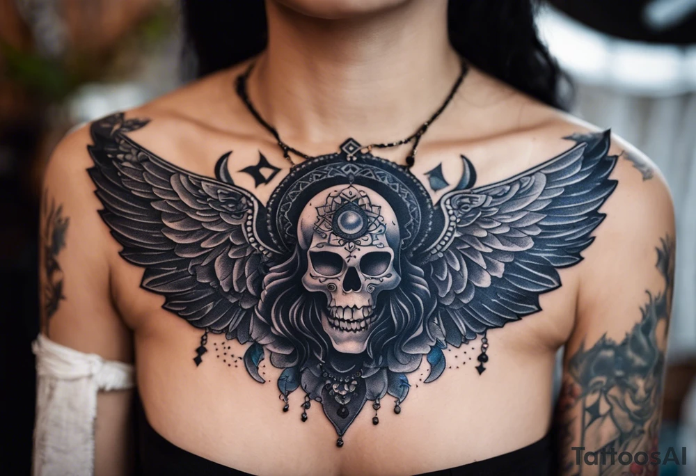 black kali, goddess pirate, alien, angel, pachamama, valkrye, warrior, flying, skull, lotus azul, wing, eagle, zenza resonance, stars, 5D, anahata chakra, death, durga, riding on a tiger, flying lady, kundalini, chest tatoo tattoo idea