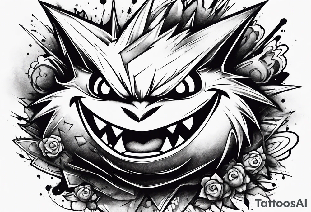 Gengar realism and graffiti style tattoo idea