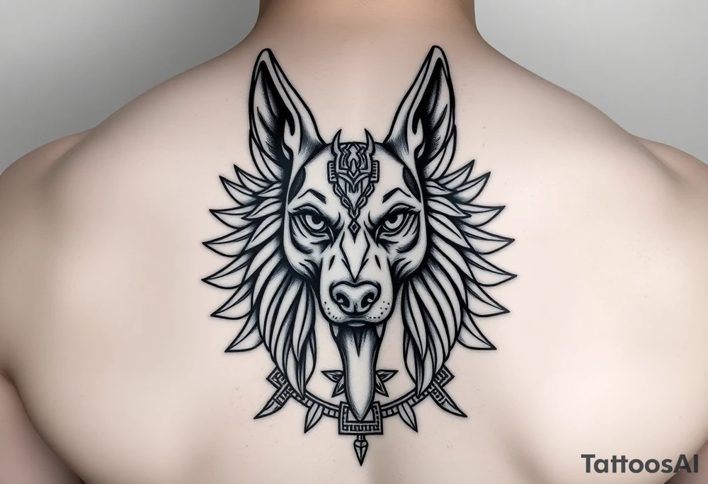 Egyptian Anubis god face muscle in Egypt style dog face surrounded Egyptian symbols tattoo idea