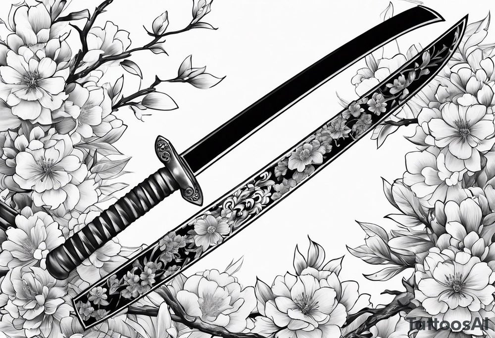 Katana with blossom surrounding it tattoo idea