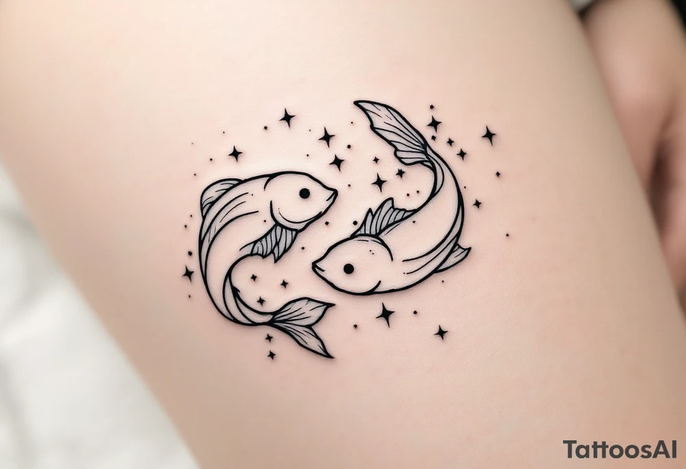 A black-ink Pisces star constellation fading into a soft sky-blue mist. tattoo idea