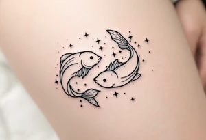 A black-ink Pisces star constellation fading into a soft sky-blue mist. tattoo idea