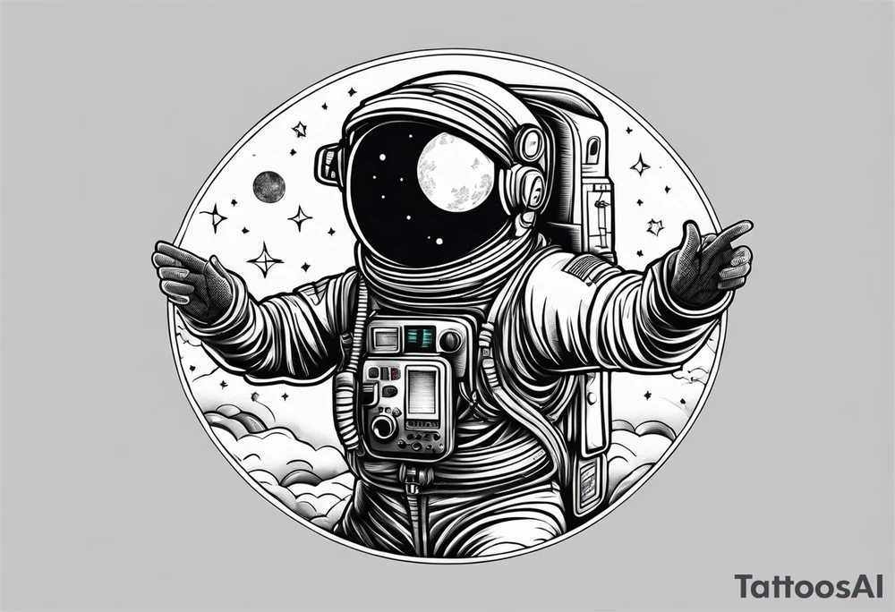 Fine line astronaut with radio dancing in the moonlight tattoo idea