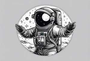 Fine line astronaut with radio dancing in the moonlight tattoo idea