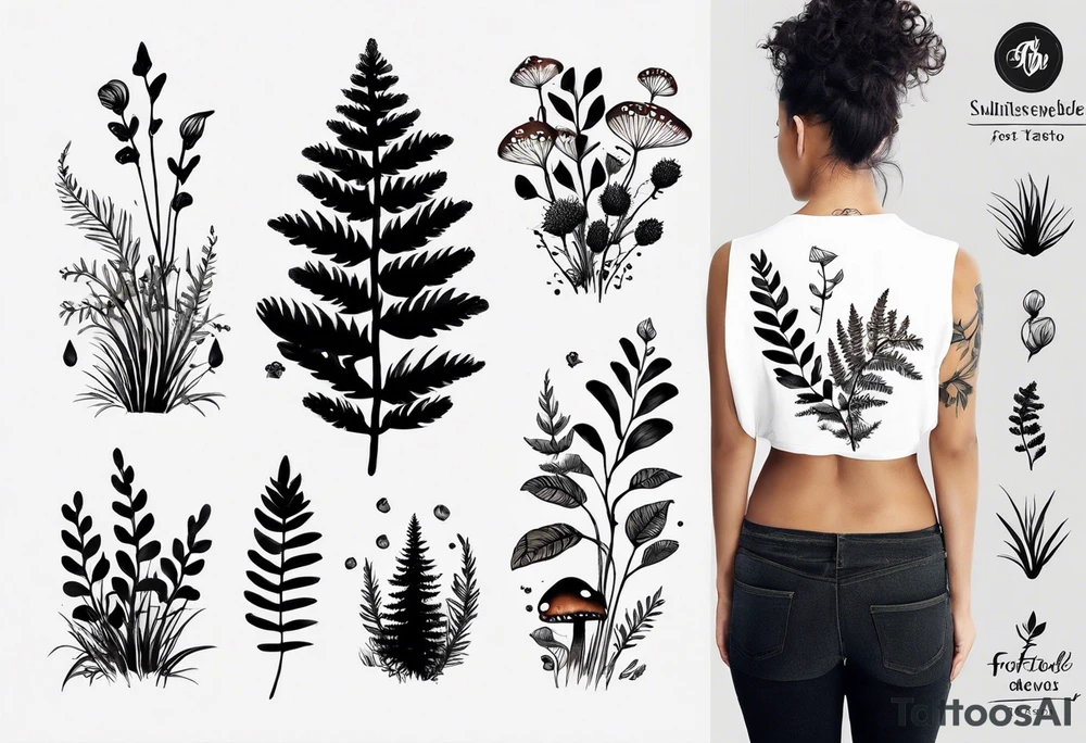 forest floor inspired minimalist tattoo, which includes grass, curly ferns, moss and dead leaves as the bulk of the tattoo. details to include: forest berries, a tiny bumblebee flying nearby, three small brown mushrooms
Generate a vertically long one tattoo idea