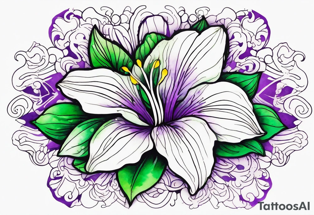 An outline of a rio dipladenia flower with a mystical green/purple watercolor splash in the background tattoo idea