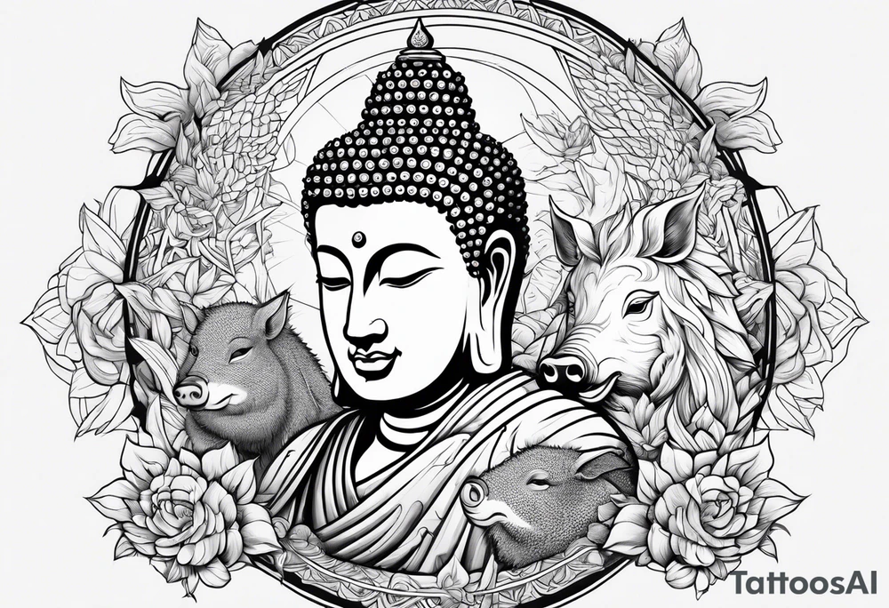 Buddha as a warrior with a wild boar nearby tattoo idea