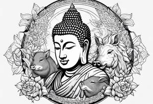 Buddha as a warrior with a wild boar nearby tattoo idea