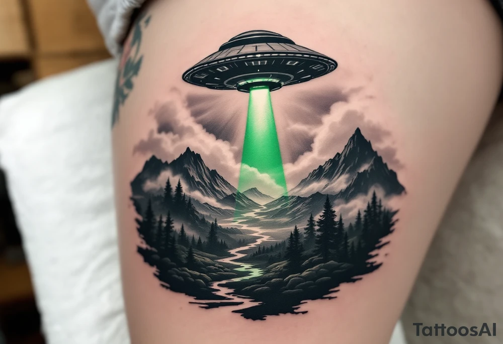 A UFO hovering over a realistic landscape, casting a green in deep black, green, and subtle silver tones. tattoo idea