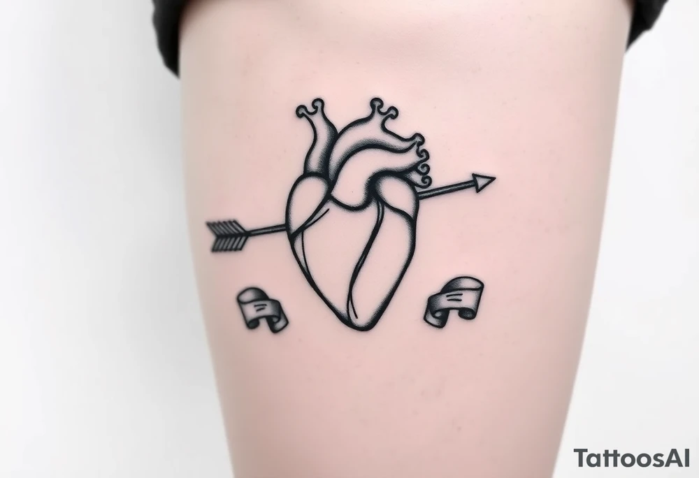 anatomical heart pierced by ornate arrow with flowing ribbons tattoo idea