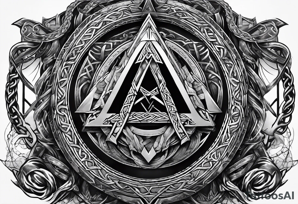 Valhalla  sword shield axe barbed wire chains valknut tattoo idea