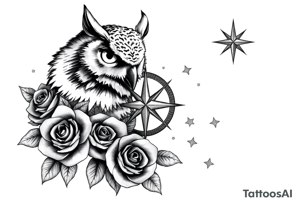 an owl,compass,roses,stars. tattoo idea