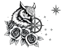 an owl,compass,roses,stars. tattoo idea
