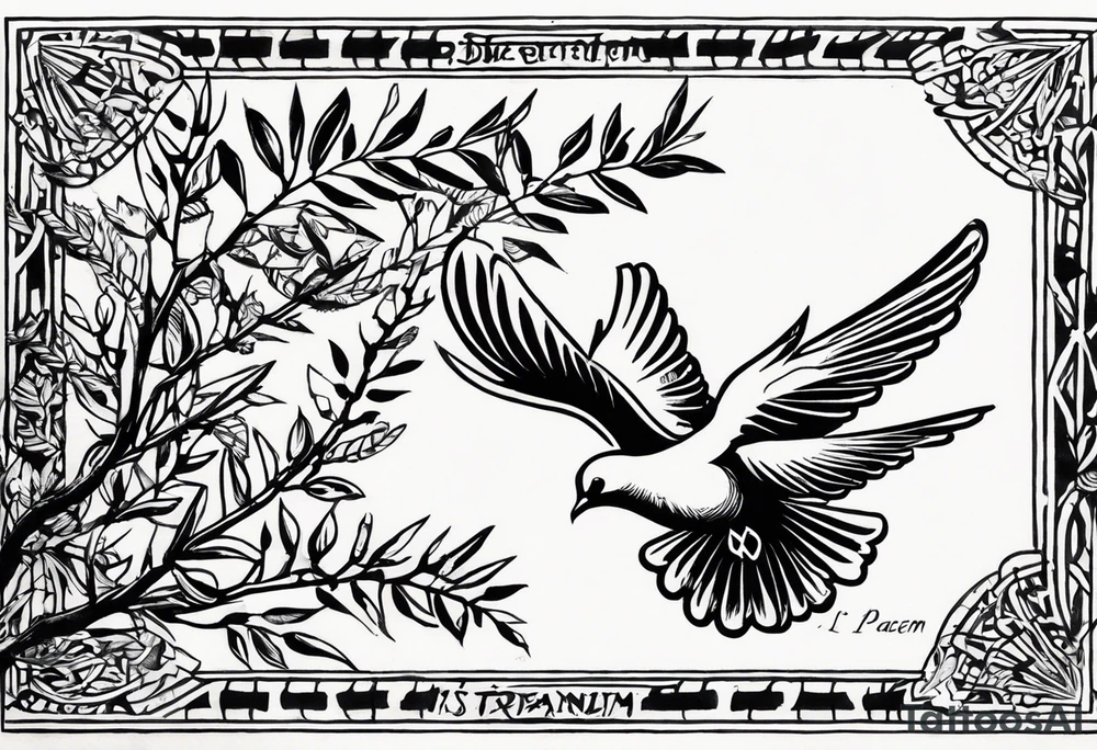 Dove soring through the air clasping an olive branch in its talons. The olive branch is fluttering in the wind with leaves from the branch floating behind the dove. The leaves transform into spear heads the further away from the dove they get. The words 'Si vis Pacem, para bellum' is boldly transcribed underneath the scene tattoo idea