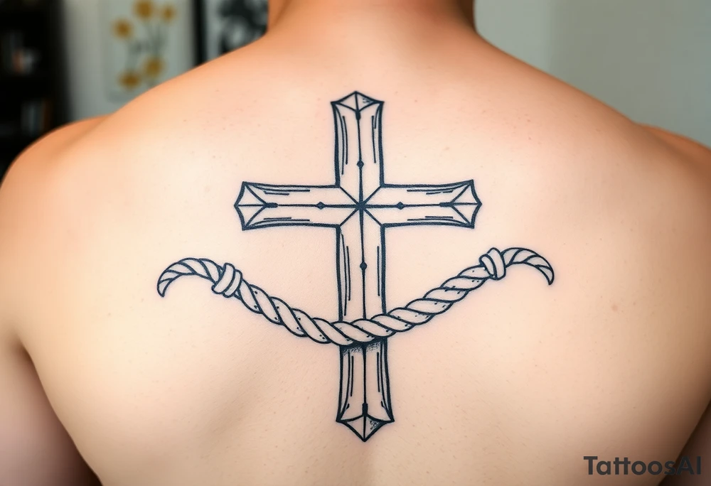 weathered christian cross wrapped in nautical rope with sea waves tattoo idea