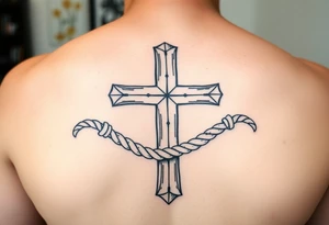 weathered christian cross wrapped in nautical rope with sea waves tattoo idea