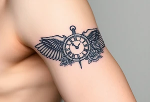 Wing with compass  a clock  with roses tattoo idea