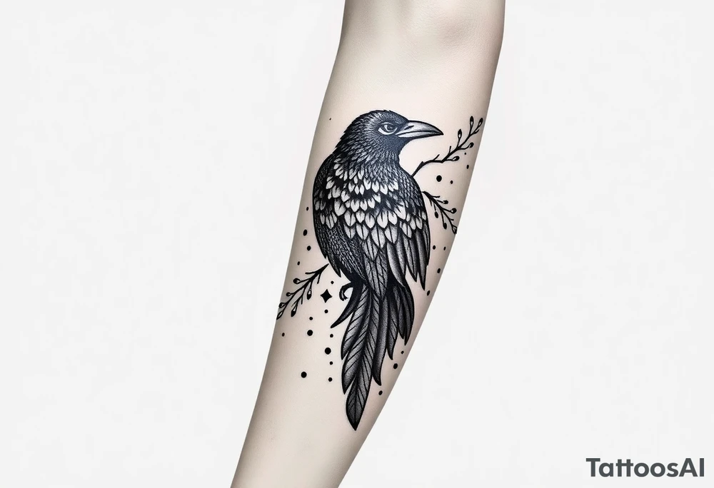 Nordic ornamental raven leg sleeve tattoo idea