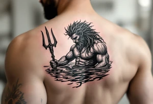 fit young poseidon with trident half way in calm water tattoo idea