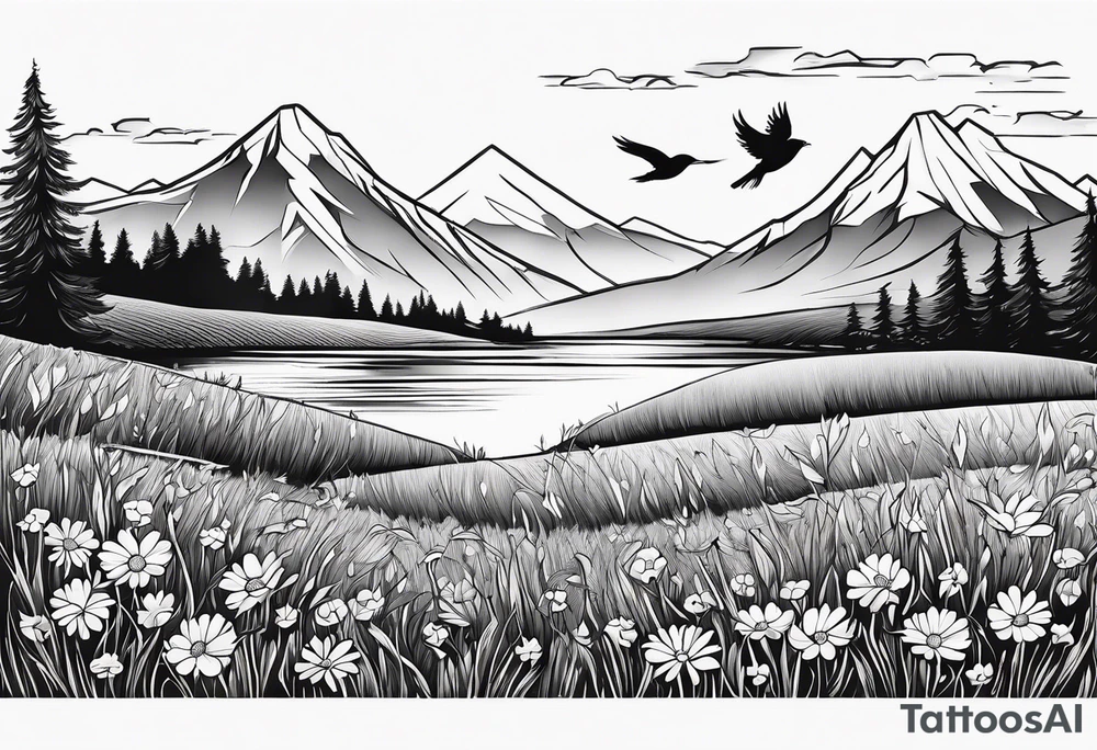 Small bird in field of grass and daisys Mountain View in distance tattoo idea