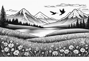 Small bird in field of grass and daisys Mountain View in distance tattoo idea