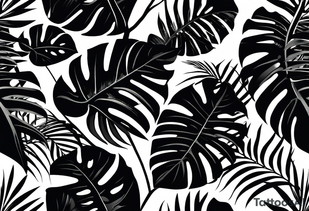 I want a monochrome tattoo in black gradients featuring a snake subtly hidden among the leaves of Raphidophora and Monstera. The snake should be coiled and partially visible, blending harmoniously with the detailed, large leaves of the plants. The Monstera leaves should have natural holes, while the Raphidophora leaves should be long and pointed. The overall style of the tattoo should be realistic, with shading and black gradients to create an elegant and mysterious effect. Put the tatoo on a black arm tattoo idea