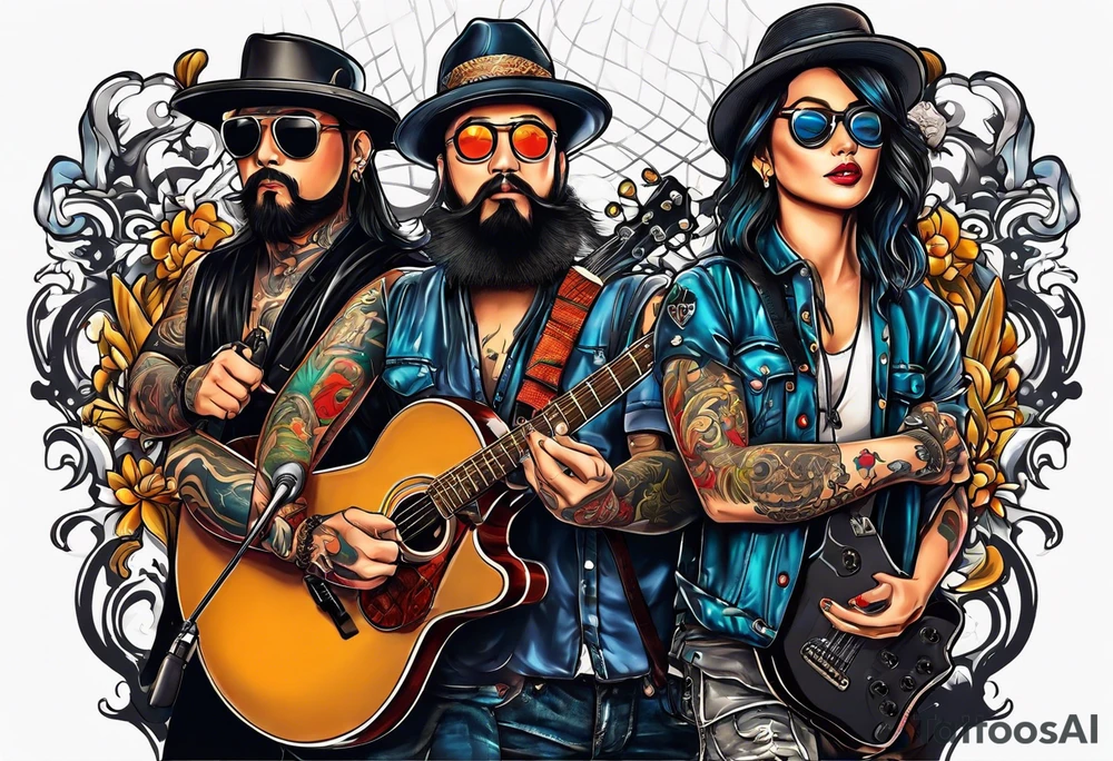 Just 4 fun band with guitar and drums three guys and one lady singer tattoo idea