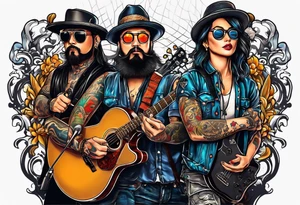Just 4 fun band with guitar and drums three guys and one lady singer tattoo idea