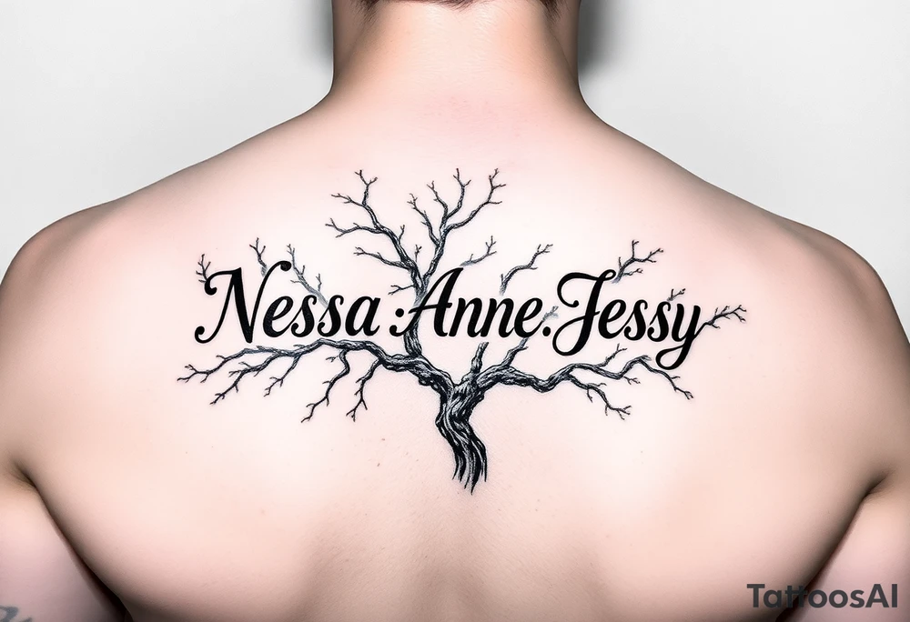 the name Nessa, Anne, Jessy
 on a live tree tattoo idea