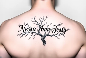 the name Nessa, Anne, Jessy
 on a live tree tattoo idea