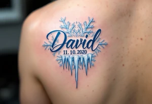 David 11. 10. 2020 – Icicle-like designs of light blue and white, framing David's birthdate, with a snowflake pattern and soft frost detailing. tattoo idea