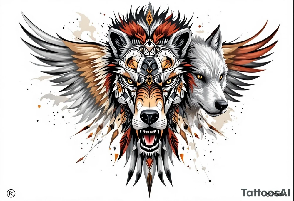 A totem of four animal totems (bear, wolf, eagle, buffalo) in earth tones, representing the medicine wheel. tattoo idea