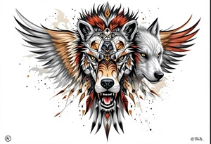A totem of four animal totems (bear, wolf, eagle, buffalo) in earth tones, representing the medicine wheel. tattoo idea