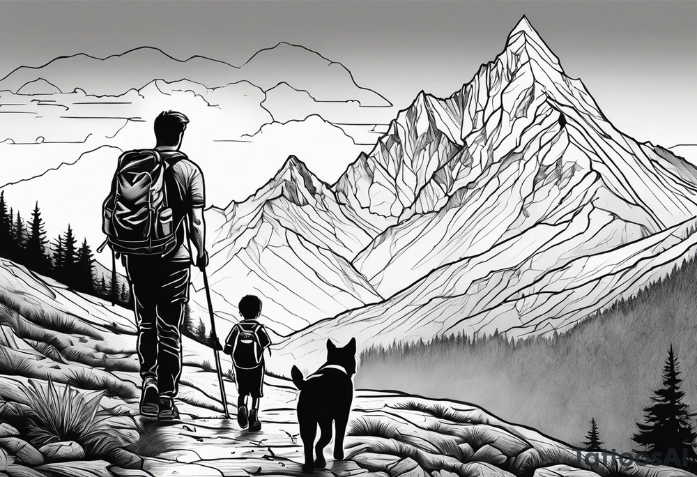 nature, sunset, mountains, a father and son hiking with their dog and cat and a cross tattoo idea