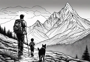 nature, sunset, mountains, a father and son hiking with their dog and cat and a cross tattoo idea