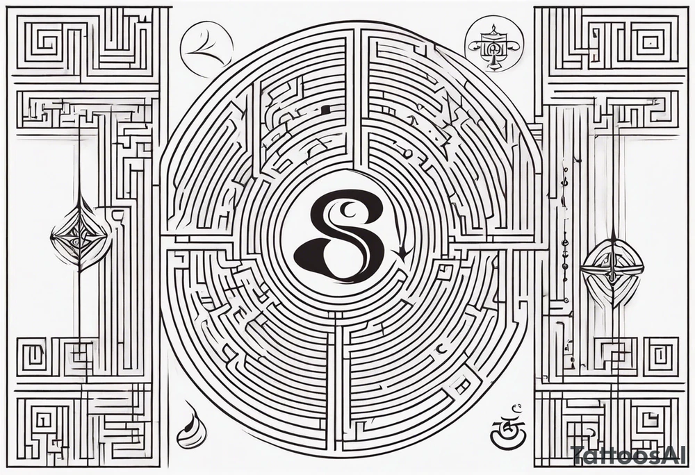 Labyrinth with symbols of bells and masquerade tattoo idea