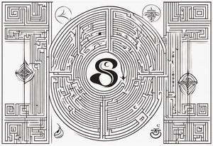 Labyrinth with symbols of bells and masquerade tattoo idea